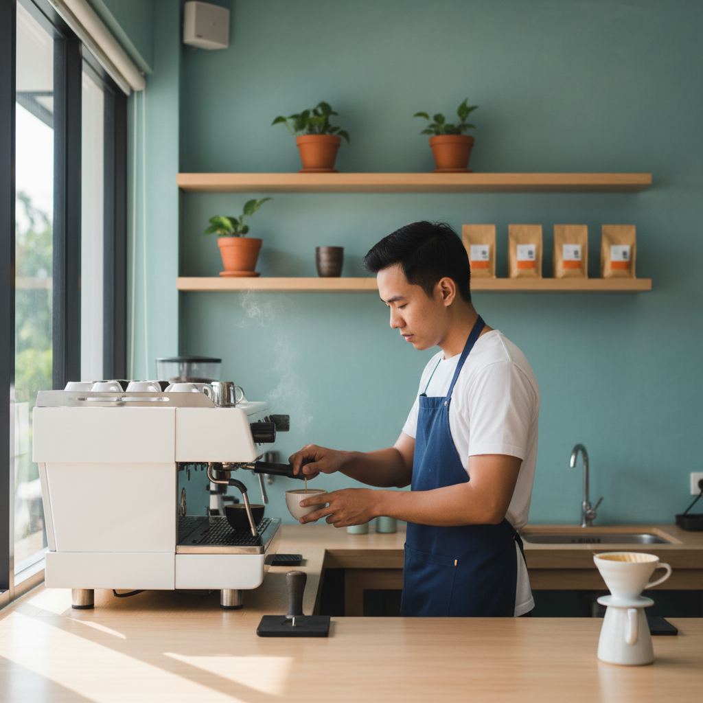 คนทำกาแฟในร้าน SME เช้าๆ, photo, Thai SME business context