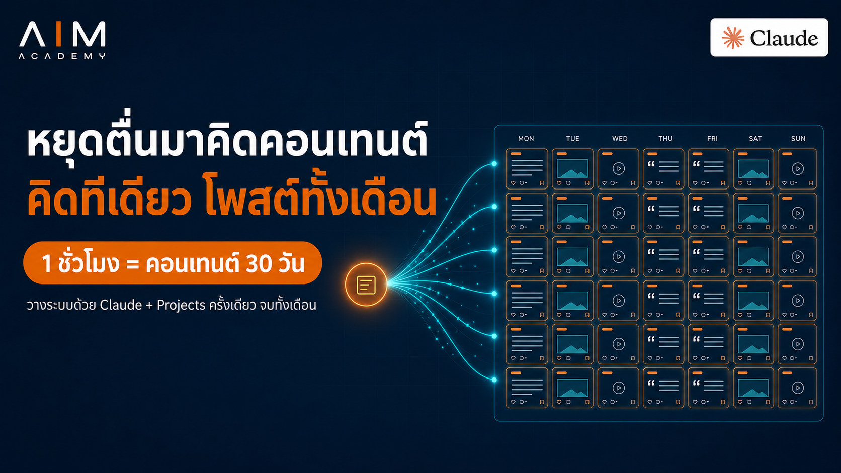 นักเขียนคอนเทนต์นั่งหน้าคอมพิวเตอร์วางแผนโพสต์ทั้งเดือนพร้อมกัน ประหยัดเวลาการคิดคอนเทนต์ทุกเช้า