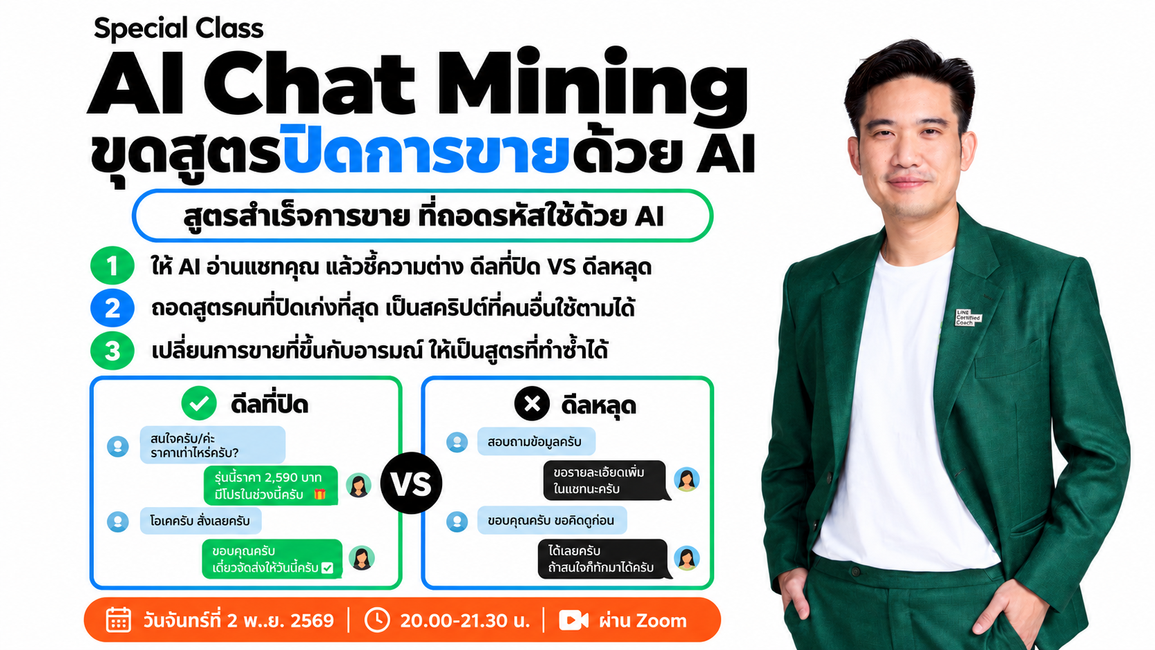 แอดมินร้านค้าตอบแชทลูกค้าบนหน้าจอ โดยมีไอคอน AI ช่วยวิเคราะห์บทสนทนาเพื่อถอดสูตรปิดการขาย